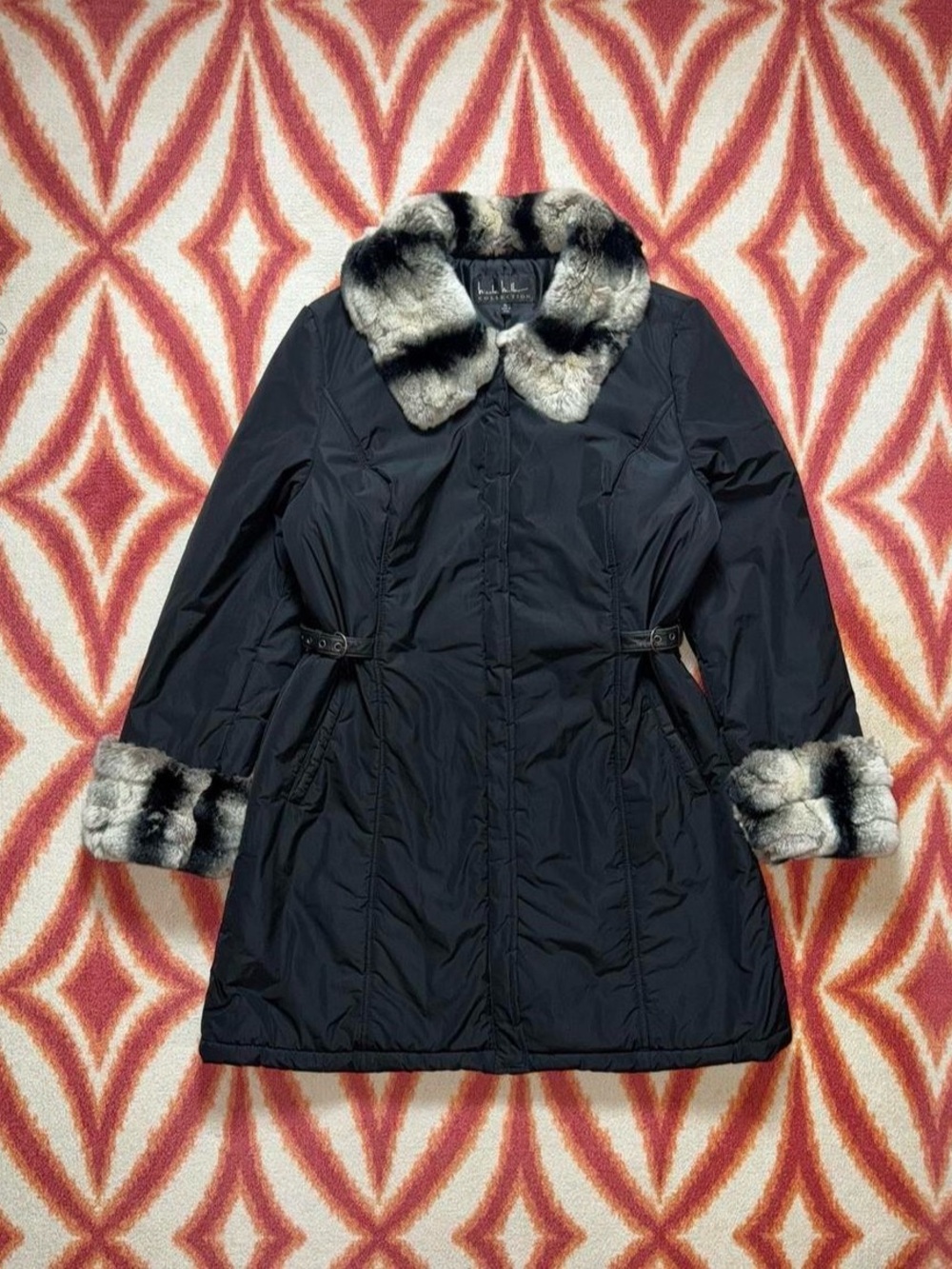 Nicole Miller Black coat with Genuine Rex rabbit chinchilla collar/cuffs size XL